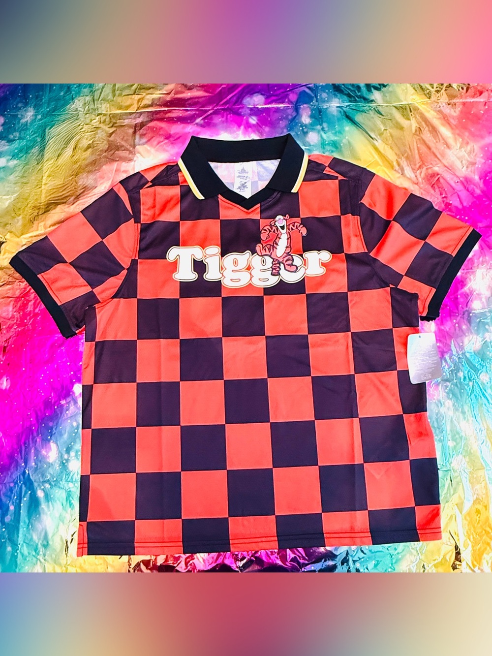 NWT!!! Disney Parks Tigger 68 Soccer Jersey Adult 3XL Orange Black Checkered